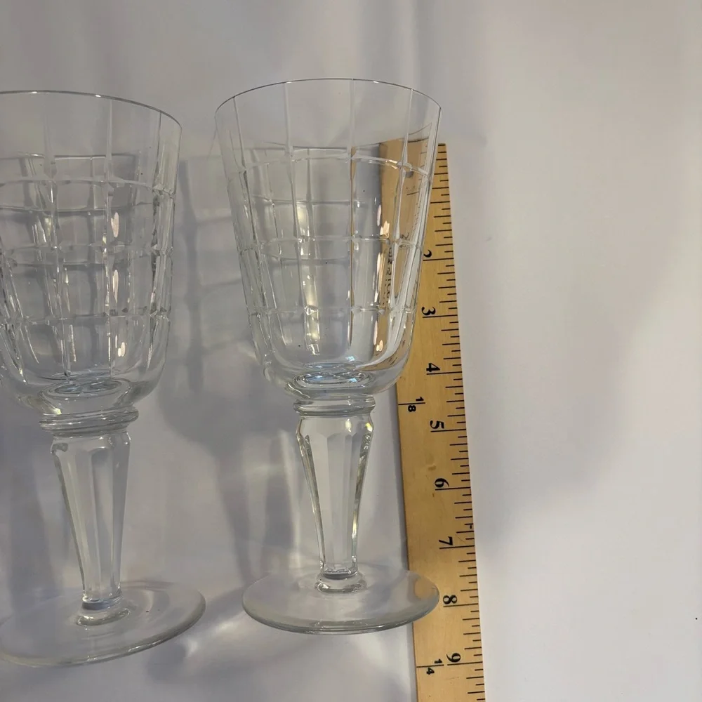 Vintage Crystal Clear Faceted Wine Goblets Glasses - Set of 2